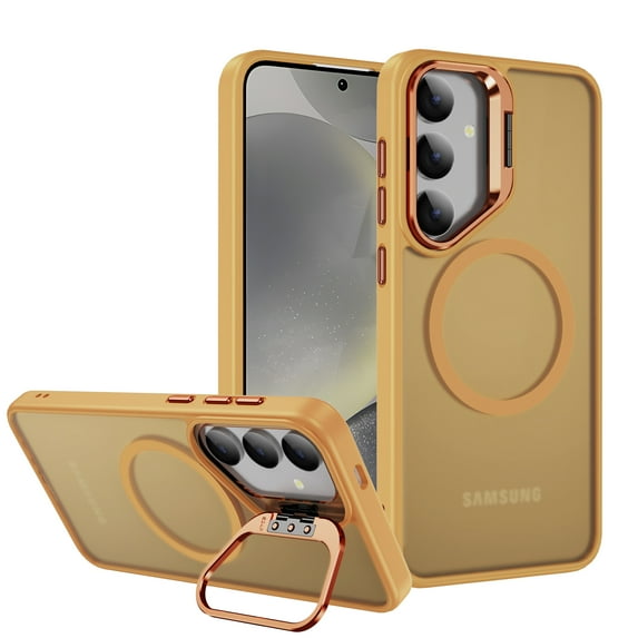 Case for Samsung Galaxy S25 Plus, Magsafe Frosted Translucent Camera Frame Kickstand Ultra Slim Drop Protective Anti-Scratch Anti-Fingerprint Phone Cover for Samsung Galaxy S25 Plus, Orange