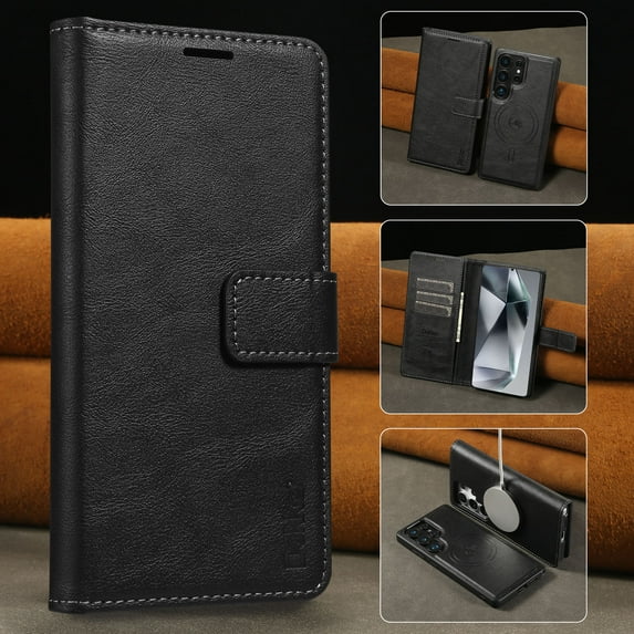 Case for Samsung Galaxy S25 Plus, PU Leather Folio Wallet Case with Detachable Magsafe Back Case, Kickstand Magnetic Closure Card Slots Full Body Protection Classic Business Men Women - Black