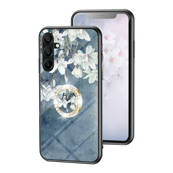 Case for Samsung Galaxy S25, Tempered Glass Back +TPU Frame, Floral Pattern Diamond Ring Stand Ultra Slim Lightweight Anti-Scratch Back Case Drop Protective Support Magnetic Car Mount - Blue