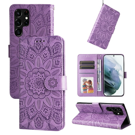 Case for Samsung Galaxy S25 Ultra, Case Sunflower Embossed PU Leather Flip Cover Wallet Case with Cards Slot Holder Kickstand with Strap Protective Cover for Samsung Galaxy S25 Ultra,Purple