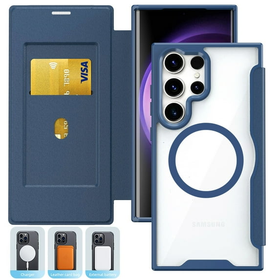 Case for Samsung Galaxy S25 Ultra Case Wallet Compatible with Mag-Safe, Shockproof Full Protective Flip Folio Wallet Case with RFID Blocking Card Slot PU Leather Magnegtic Clear Cover, Blue