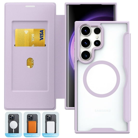 Case for Samsung Galaxy S25 Ultra Case Wallet Compatible with Mag-Safe, Shockproof Full Protective Flip Folio Wallet Case with RFID Blocking Card Slot PU Leather Magnegtic Clear Cover, Purple