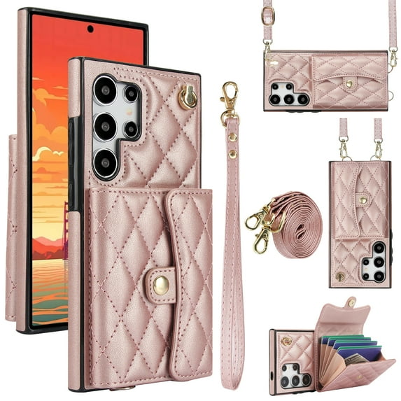 Case for Samsung Galaxy S25 Ultra, Crossbody Wristlet Case Wallet with RFID Blocking Card Slots KickStand Flip Folio PU Leather Magnetic Protective Cover Women for Samsung Galaxy S25 Ultra, Rosegold