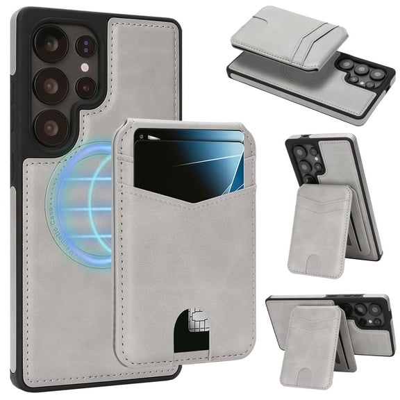 Case for Samsung Galaxy S25 Ultra, Detachable Magnetic RFID Blocking Card Holder Wallet & Magnetic Back Cover, Business Kickstand PU Leather Shockproof Drop Protective Classic Phone Case, Gray