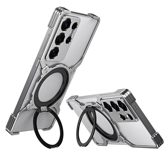 Case for Samsung Galaxy S25 Ultra Frameless, with Magnetic Kickstand 360° Rotatable, Bezel Less Metal Slim Hard Ultra Thin Case with Ring Holder Magnetic Stand for Men, Black+Silver