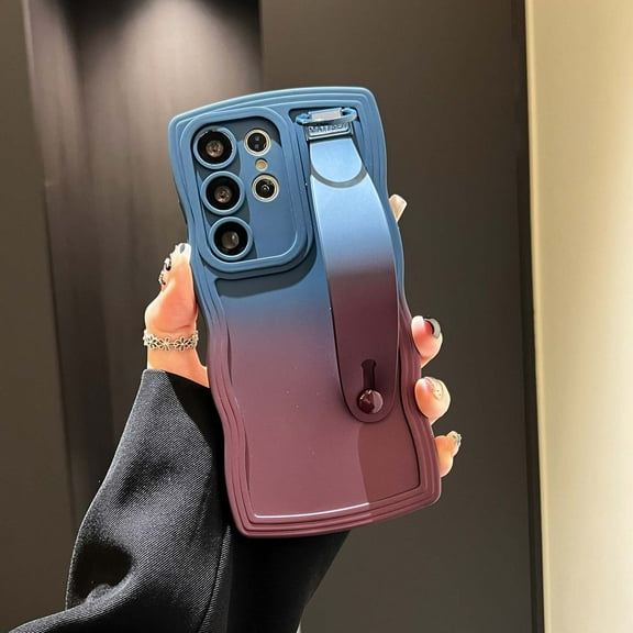 Case for Samsung Galaxy S25 Ultra, Luxury Gradient Color Silicone Cute Wavy Frame Wristband Kickstand Skin Friendly Ultra Slim Phone Case Cover for Men Women Boys Girls for S25 Ultra, Blue+Winered