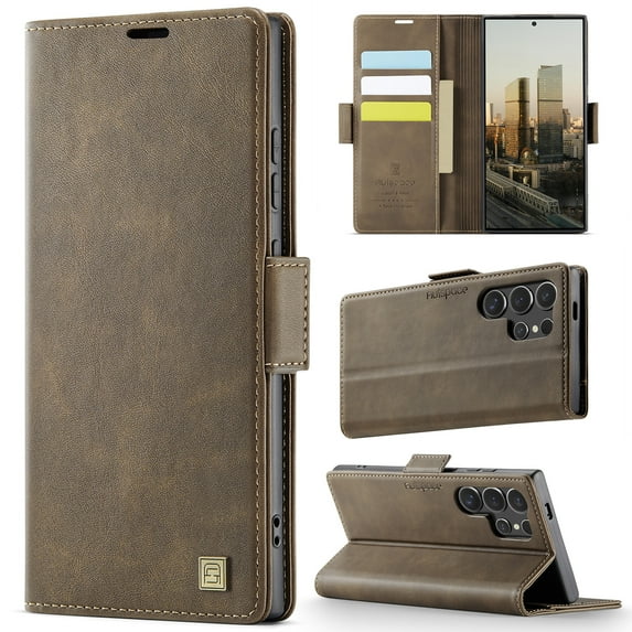 Case for Samsung Galaxy S25 Ultra, Premium PU Leather Flip Wallet Cover with RFID Blocking Card Slots & Kickstand, Full Body Shockproof Drop Protective Classic Business Durable Phone Case, Coffee