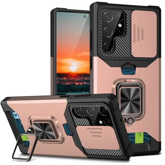 Case For Samsung Galaxy S25 Ultra/S25 Plus/S25, Sliding Lens Protective Phone Cover Card Slot Resisting Scratches Shell Magnetic Stand Anti-Fall Cover