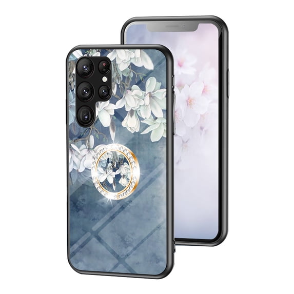 Case for Samsung Galaxy S25 Ultra, Tempered Glass Back +TPU Frame, Floral Pattern Diamond Ring Stand Ultra Slim Lightweight Anti-Scratch Back Case Drop Protective Support Magnetic Car Mount - Blue