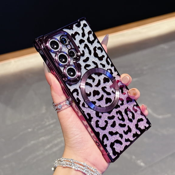 Case for Samsung Galaxy S26 Plus, Compatible with MagSafe Gradient Glitter Bling Leopard Design Plating Camera Lens Protection Clear Soft Shockproof Anti-Scratch Cover for Women Girls, Darkpurple