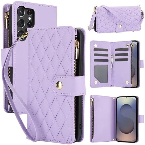 Case for Samsung Galaxy S26 Ultra 5G RFID Blocking Protective Purse Case With Card Slots Holder Kickstand Wrist Strap Lanyard Zipper 3-card  Flip Wallet Case,Purple,For Galaxy S26 Ultra 5G