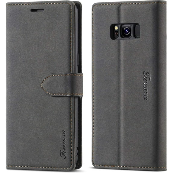Case for Samsung Galaxy S8 Plus, Vintage Wallet Folio Flip Cover Full Coverage Premium Leather Case with Magnetic Closure Kickstand Card Slots - Black