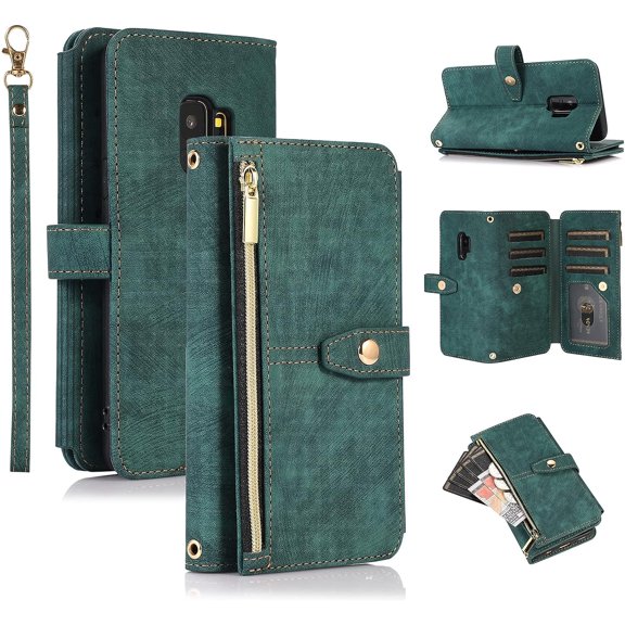Case for Samsung Galaxy S9 Plus, 9 Card Slots Retro Leather Wallet Shockproof Flip Cover with Hand Strap Card Slots Zipper Pocket Kickstand Handbag Magnetic Closure - Retro Green