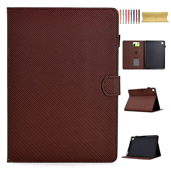Case for Samsung Galaxy Tab A 10.1 2019 SM-T515/SM-T510, Carbon Fiber Texture PU Leather Multi-Angle Viewing Stand Shockproof Flip Case with Card Slots Magnetic Clasp, Brown