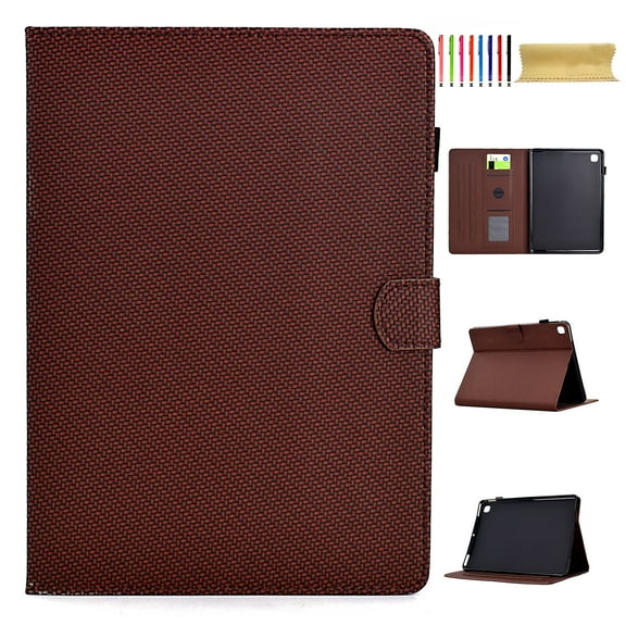 Case for Samsung Galaxy Tab A 10.1 2019 SM-T515/SM-T510, Carbon Fiber Texture PU Leather Multi-Angle Viewing Stand Shockproof Flip Case with Card Slots Magnetic Clasp, Brown