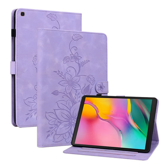 Case for Samsung Galaxy Tab A 10.1 2019 SM-T515/SM-T510, Flower Pattern PU Leather Multi-Angle Viewing Stand Shockproof Flip Case with Card Slot, Magnetic Clasp, Pencil Slot, Purple