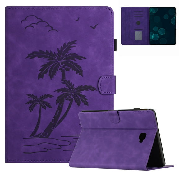 Case for Samsung Galaxy Tab A 10.1 inch 2016 Release, SM-T580 T585 T587 Released,PU Leather Embossed Coconut Tree Slim Case with Pencil Holder Card Slot Protective Smart Cover,Purple