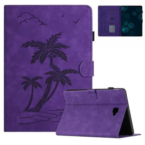 Case for Samsung Galaxy Tab A 10.1 inch 2016 Release, SM-T580 T585 T587 Released,PU Leather Embossed Coconut Tree Slim Case with Pencil Holder Card Slot Protective Smart Cover,Purple