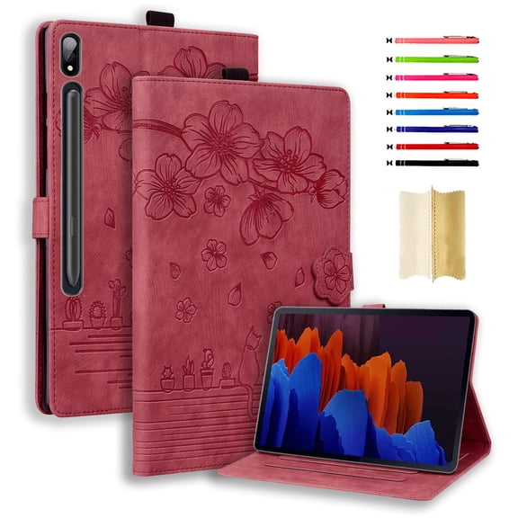 Case for Samsung Galaxy Tab 12.4" S7 Plus/S8 Plus/S7 FE, Embossed Auto Wake/Sleep Multiple Viewing Angles PU Leather Magnetic Stand Flip Folio Case Cover with Card Slots & Pencil Holder, Winered