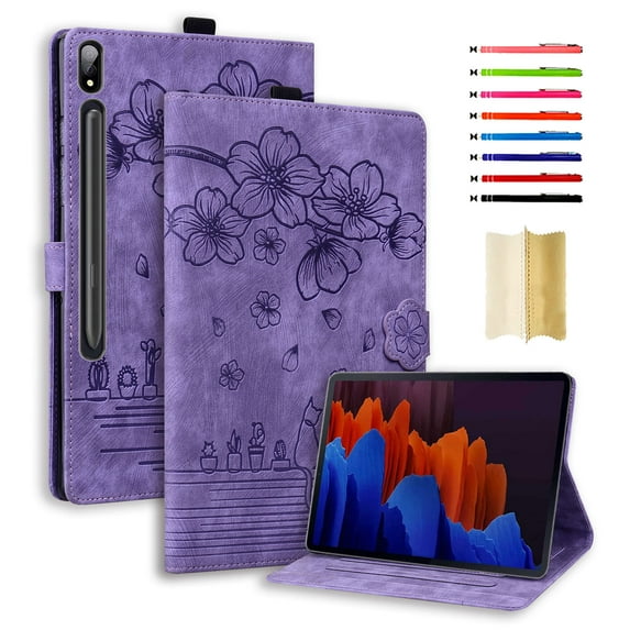 Case for Samsung Galaxy Tab 12.4" S7 Plus/S8 Plus/S7 FE, Embossed Auto Wake/Sleep Multiple Viewing Angles PU Leather Magnetic Stand Flip Folio Case Cover with Card Slots & Pencil Holder, Purple