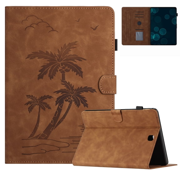 Case for Samsung Galaxy Tab A 9.7 inch 2015 (Model:SM-T550 T555 SM-P550 P555) Released,PU Leather Embossed Coconut Tree Slim Case with Pencil Holder Card Slot Protective Smart Cover,Brown