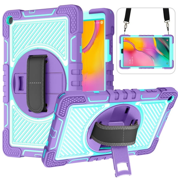 Case for Samsung Galaxy Tab A 10.1 2019 Model SM-T510/T515, Kids Friendly Heavy Duty Rugged Shockproof Adjustable Kickstand Full Protective Tablet Cover with Hand/Shoulder Strap, Purple+Mint