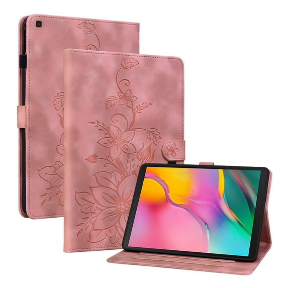 Case for Samsung Galaxy Tab A 10.1 2019 SM-T515/SM-T510, Flower Pattern PU Leather Multi-Angle Viewing Stand Shockproof Flip Case with Card Slot, Magnetic Clasp, Pencil Slot, Pink