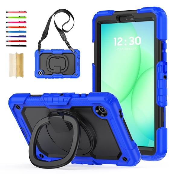 Case for Samsung Galaxy Tab A11 8.7" 2025 / A9 8.7" 2023, Stable Ring Stand Handle Grip Shoulder Strap Protective Silicone PC Adjustable Handle Rugged Case with Screen Protector, Black+Darkblue