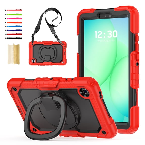 Case for Samsung Galaxy Tab A11 8.7" 2025 / A9 8.7" 2023, Stable Ring Stand Handle Grip Shoulder Strap Protective Silicone PC Adjustable Handle Rugged Case with Screen Protector, Black+Red