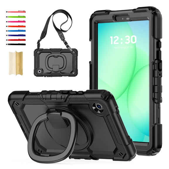 Case for Samsung Galaxy Tab A11+ 11.0" 2025 SM-X230/X235/X236B,Stable Ring Stand Handle Grip Shoulder Strap Protective Silicone PC Adjustable Handle Rugged Case with Screen Protector,Black