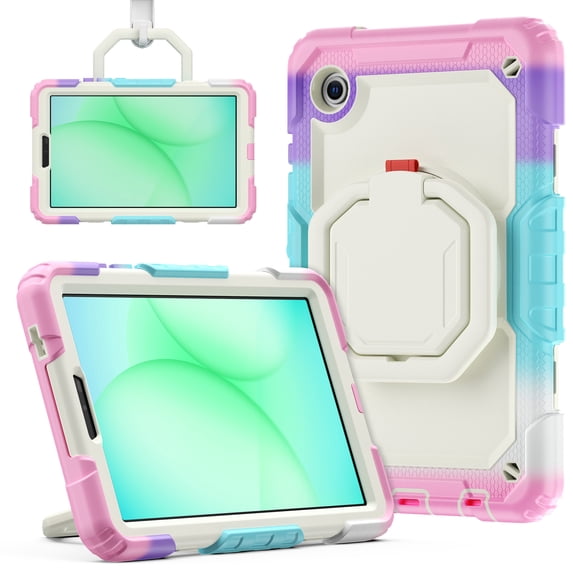 Case for Samsung Galaxy Tab A9 2023 8.7 inch, 360 Rotating Stand Handle Pencil Holder Shoulder Strap Heavy Duty Shockproof Cover, Rainbow Pink