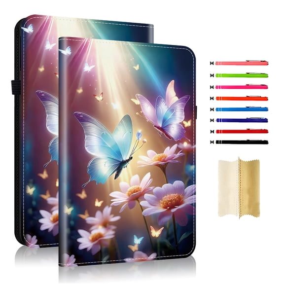 Case for Samsung Galaxy Tab A11 8.7" 2025 / Tab A9 8.7" 2023, Slim Kickstand PU Leather Flower Butterfly Pattern Heavy Duty Protection Folio Cover, with 2 Card Slots & Elastic Band & Stylus Slot - E