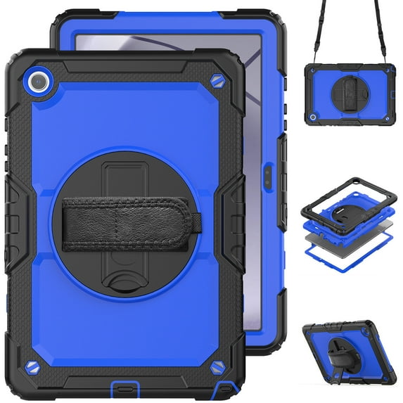 Case for Samsung Galaxy Tab A11 Plus 2025/A9 Plus 2023 11 inch with Screen Protector, 360 Degree Rotating Kickstand Hand Strap Shockproof Cover with Shoulder Strap, Dark Blue PC