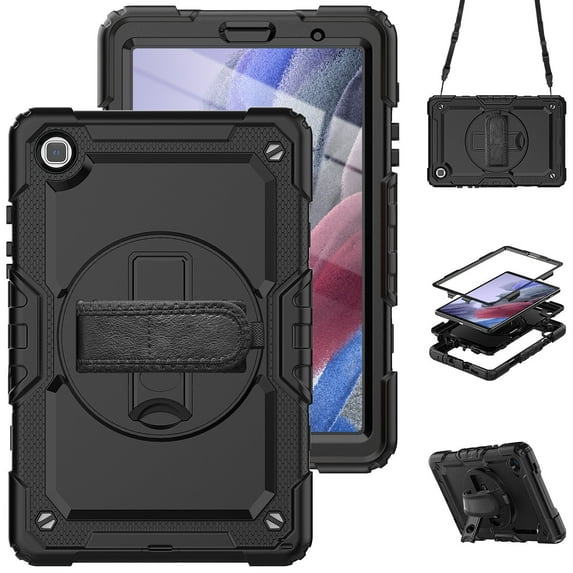 Case for Samsung Galaxy Tab A7 Lite 2021 8.7 inch with Screen Protector, 360 Degree Rotating Kickstand Hand Strap Heavy Duty Shockproof Cover with Shoulder Strap, Black