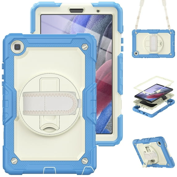 Case for Samsung Galaxy Tab A7 Lite 2021 8.7 inch with Screen Protector, 360 Degree Rotating Kickstand Hand Strap Heavy Duty Shockproof Cover with Shoulder Strap, Cream Navy