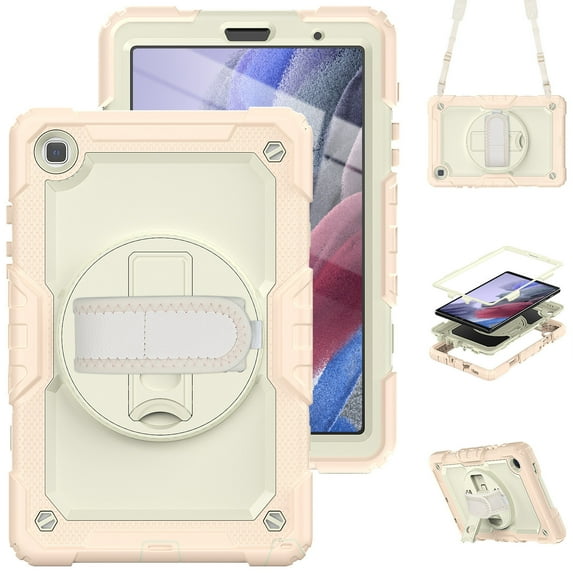 Case for Samsung Galaxy Tab A7 Lite 2021 8.7 inch with Screen Protector, 360 Degree Rotating Kickstand Hand Strap Heavy Duty Shockproof Cover with Shoulder Strap, Cream Rose Gold
