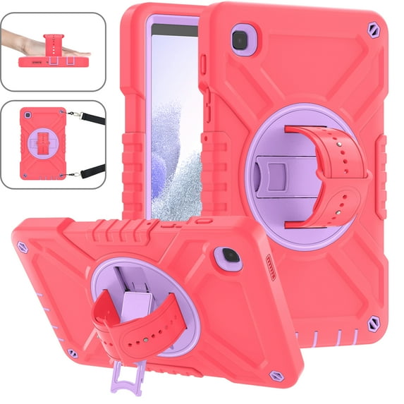 Case for Samsung Galaxy Tab A7 Lite 8.7" 2021, Military Grade Triple-Layers Drop Protection Tablet Case with Rotation Kickstand & Adjustable Hand Strap & Shoulder Strap & Pencil Holder, Redpurple