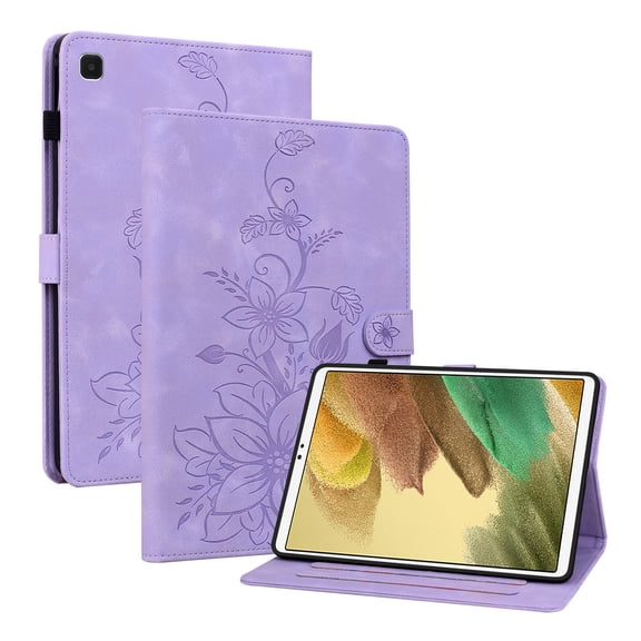 Case for Samsung Galaxy Tab A7 Lite 8.7" 2021 SM-T225 / SM-T220, Flower Pattern PU Leather Multi-Angle Viewing Stand Shockproof Flip Case with Card Slot, Magnetic Clasp, Pencil Slot, Purple