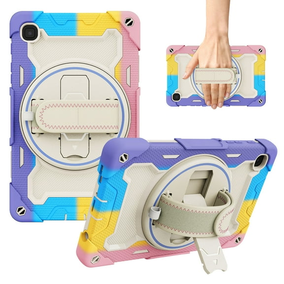 Case for Samsung Galaxy Tab A7 Lite 8.7" T220/T225 Military Grade Silicone Shockproof Heavy Duty Protective Cover with Handle + Pencil Holder + Hand Strap + Rotating Stand - Pink/Colorful