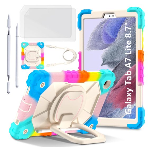 Case for Samsung Galaxy Tab A7Lite 8.7" with Screen Protector/Capacitive Pen/Shoulder Strap/Handle Grip/Rotating Kickstand/Pencil Holder, 3-Layer Armor Cover Drop/Shock Proof Kids