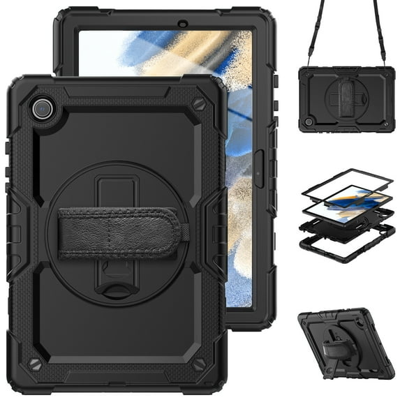 Case for Samsung Galaxy Tab A8 10.5 Inch 2022 with Screen Protector, 360 Degree Rotating Kickstand Hand Strap Heavy Duty Shockproof Cover with Shoulder Strap, Black