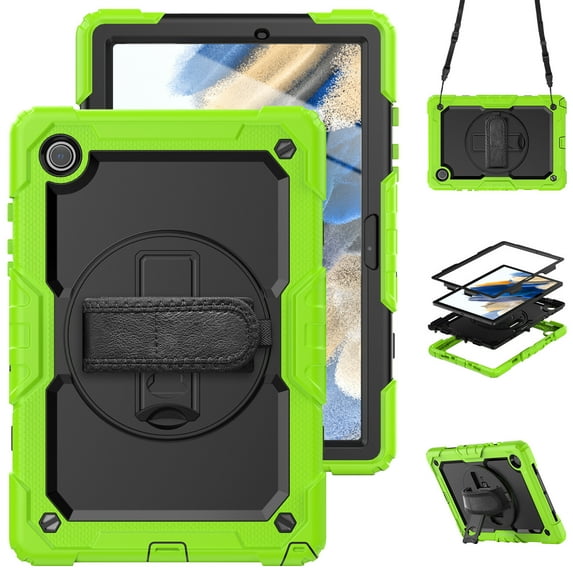 Case for Samsung Galaxy Tab A8 10.5 Inch 2022 with Screen Protector, 360 Degree Rotating Kickstand Hand Strap Heavy Duty Shockproof Cover with Shoulder Strap, Lime