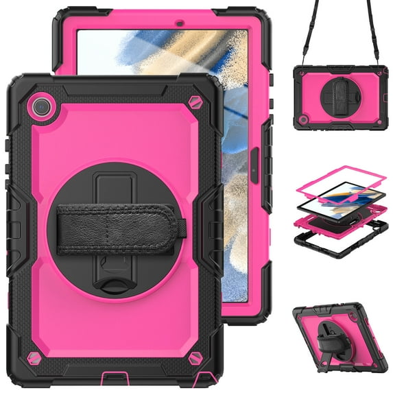 Case for Samsung Galaxy Tab A8 10.5 Inch 2022 with Screen Protector, 360 Degree Rotating Kickstand Hand Strap Heavy Duty Shockproof Cover with Shoulder Strap, Rose PC