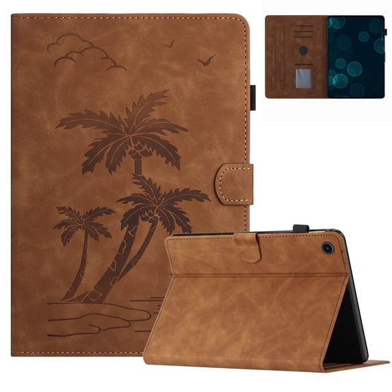 Case for Samsung Galaxy Tab A8 Case 10.5 Inch 2022 SM-X200/X205/X207,PU Leather Embossed Coconut Tree Slim Case with Pencil Holder Card Slot Protective Smart Cover,Brown