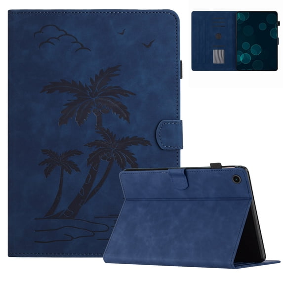 Case for Samsung Galaxy Tab A8 Case 10.5 Inch 2022 SM-X200/X205/X207,PU Leather Embossed Coconut Tree Slim Case with Pencil Holder Card Slot Protective Smart Cover,Blue