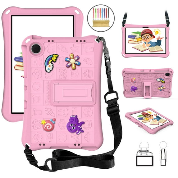 Case for Samsung Galaxy Tab A9+ 11.0" 2023 SM-X210 / SM-X215 / SM-X216, Shockproof Handle Convertible Stand Case Light Weight EVA Cute Kids Cover Cartoon Pattern with Shoulder Strap, Pink