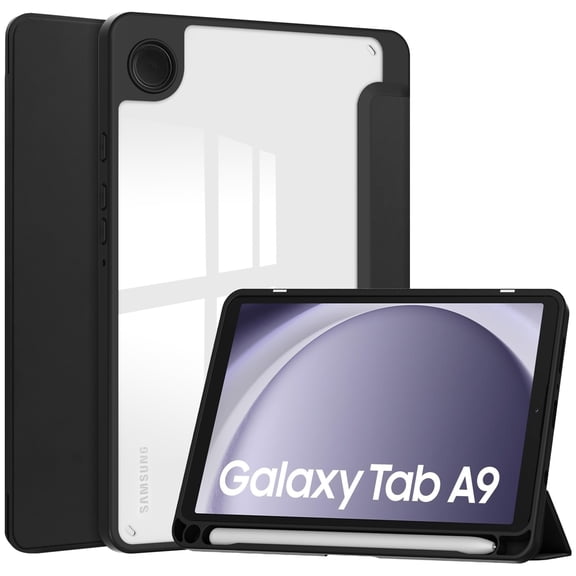 Case for Samsung Galaxy Tab A9 8.7" 2023 with [S Pen Holder], [Tri-Fold Flip Kickstand] Shockproof Protective Transparent Clear Back Tablet Cover for Samsung Galaxy Tab A9 8.7" 2023, Black