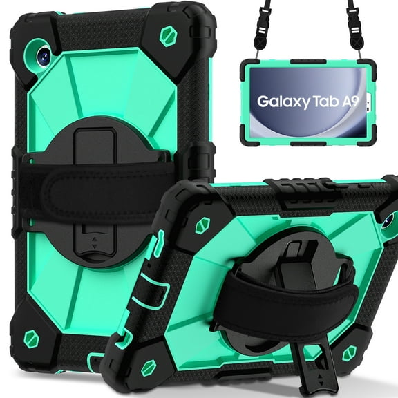 Case for Samsung Galaxy Tab A9 8.7" 2023 SM-X110 / SM-X115, Rugged Shockproof Case with Crossbody Strap & Pencil Holder [360° Rotating Hand Strap] & Stand, Case for Tab A9 2023, Black+Mint