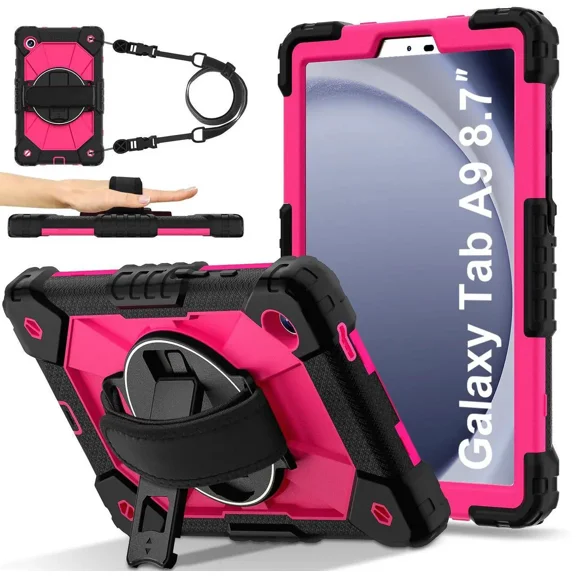 Case for Samsung Galaxy Tab A9 8.7 Inch 2023 Model SM-X110/X115/X117 with Rotating Stand Pencil Holder Hand/Shoulder Strap, Heavy Duty Shockproof Protective Cover