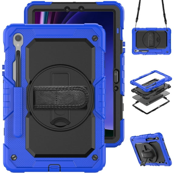 Case for Samsung Galaxy Tab S10 Lite/S10 FE/S9 FE 10.9 Inch with Screen Protector, 360 Degree Rotating Kickstand Hand Strap Heavy Duty Shockproof Cover with Shoulder Strap, Blue
